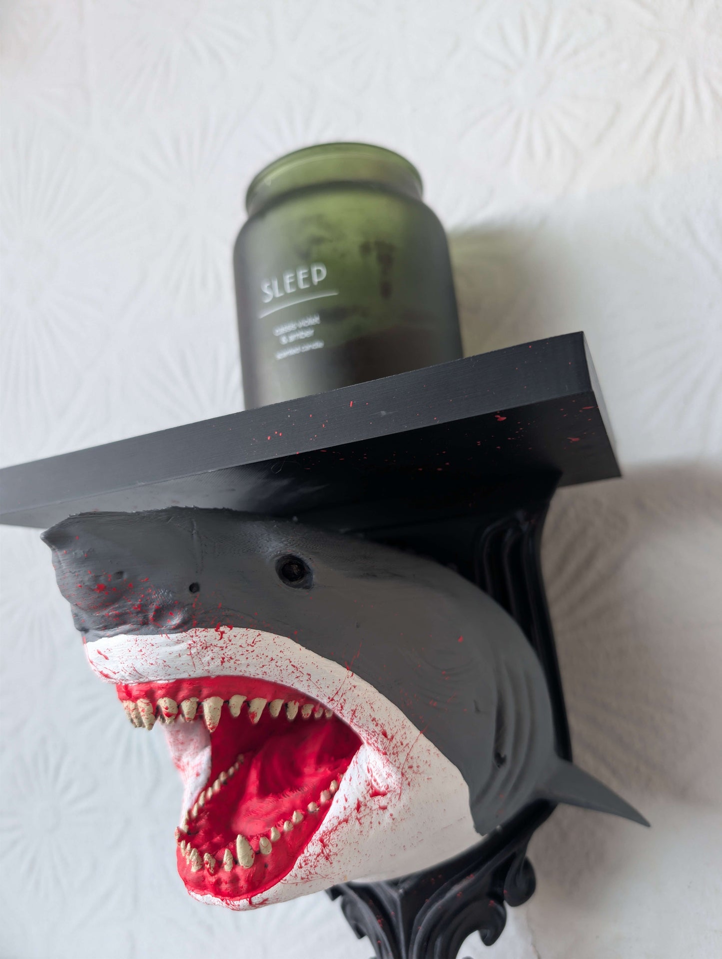 Jaws Inspired Horror Shark Wall Shelf | Hand-Painted Gothic Floating Shelf | Horror Movie Decor
