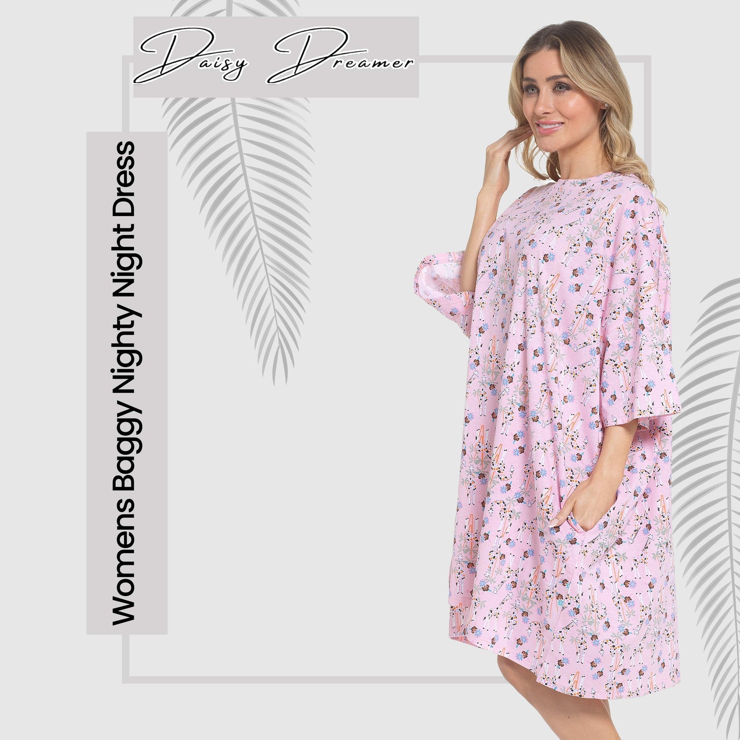 OLIVIA ROCCO Giraffe Print Nightshirt Women Baggy 100% Cotton Short Sleeve Oversized