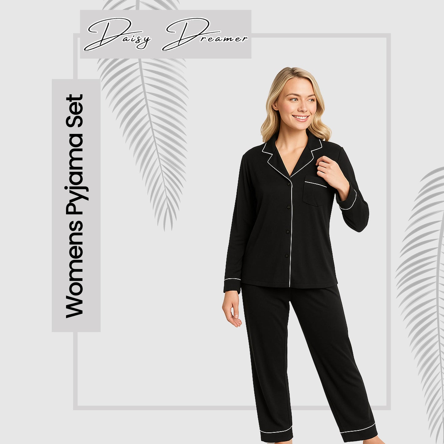 OLIVIA ROCCO Women's Black Pyjama Set Soft Touch Long Sleeve Button Up Top and Bottoms