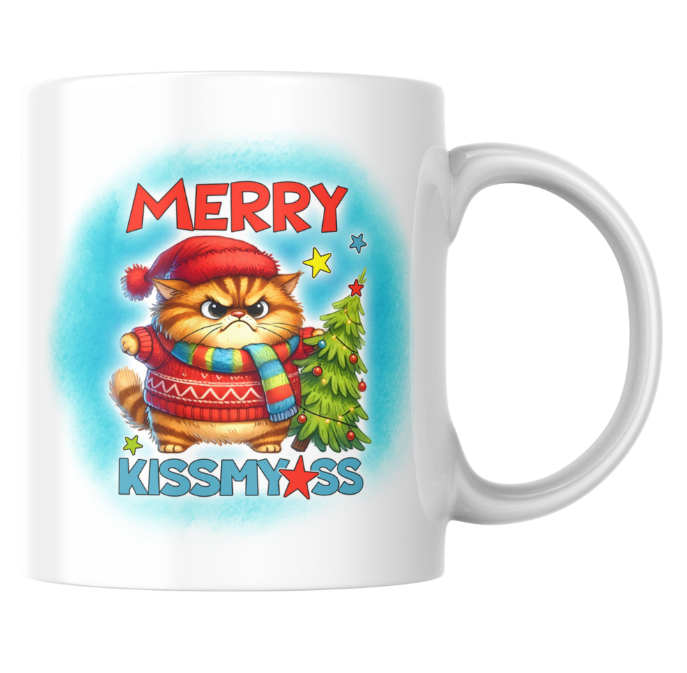 Sarcastic Christmas Mug – Merry Kissmyass Grumpy Cat | Funny Xmas Gift | 11oz Ceramic | Dishwasher & Microwave Safe