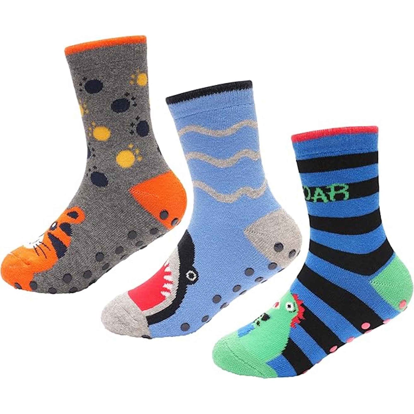 Sock Stack Boys Slipper Socks Three Pack 3 Pairs Non Slip Thermal Indoor Socks Dino Shark