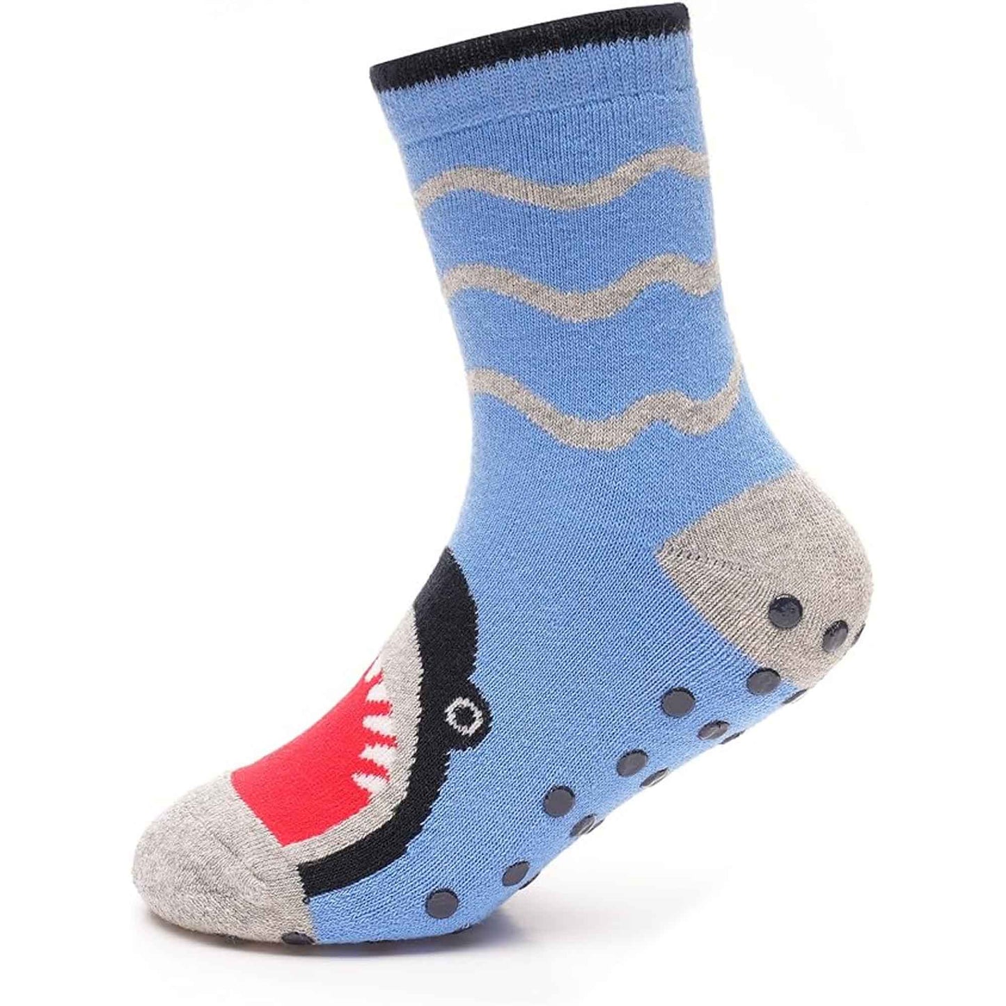 Sock Stack Boys Slipper Socks Three Pack 3 Pairs Non Slip Thermal Indoor Socks Dino Shark