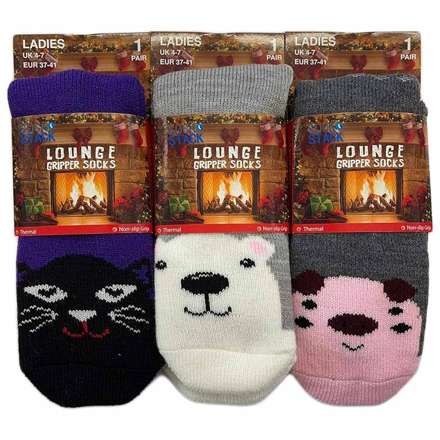 Sock Stack Women's Thermal Slipper Socks 3 Pairs Animal Designs Polar Bears And Kittens