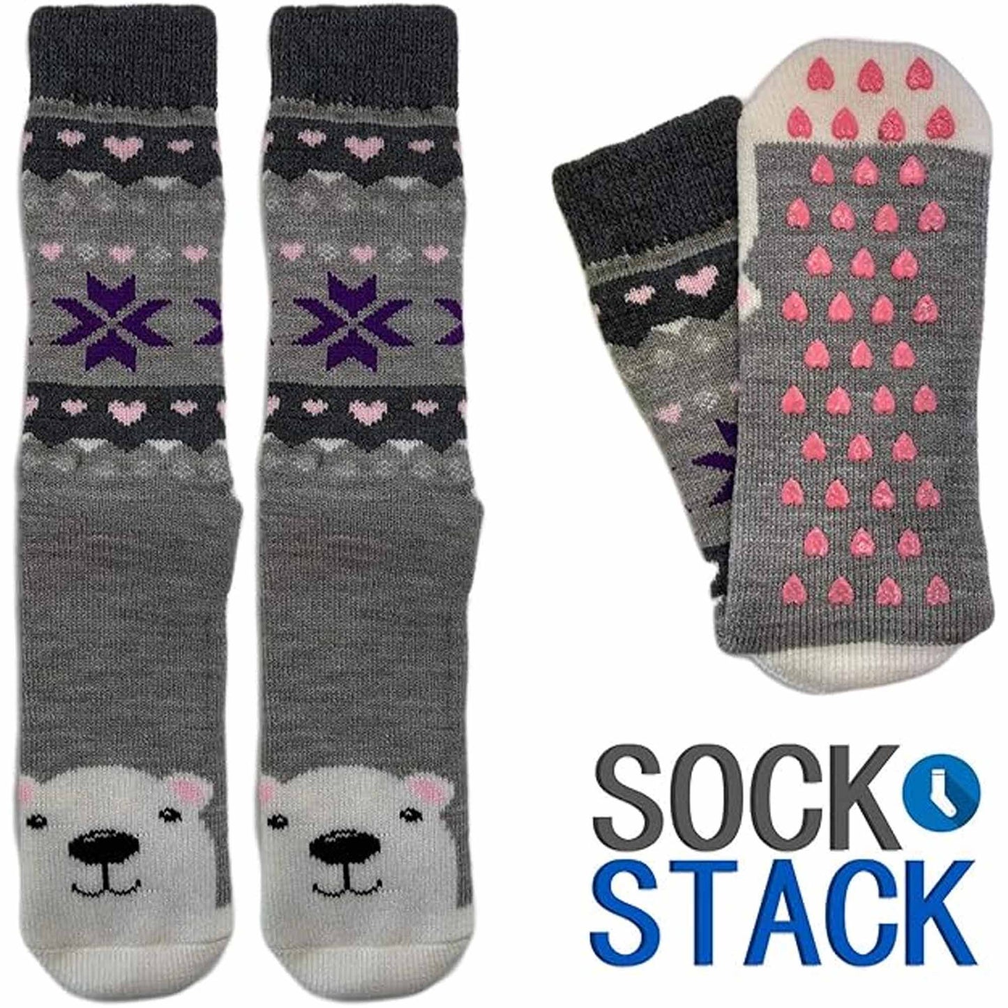 Sock Stack Women's Thermal Slipper Socks 3 Pairs Animal Designs Polar Bears And Kittens