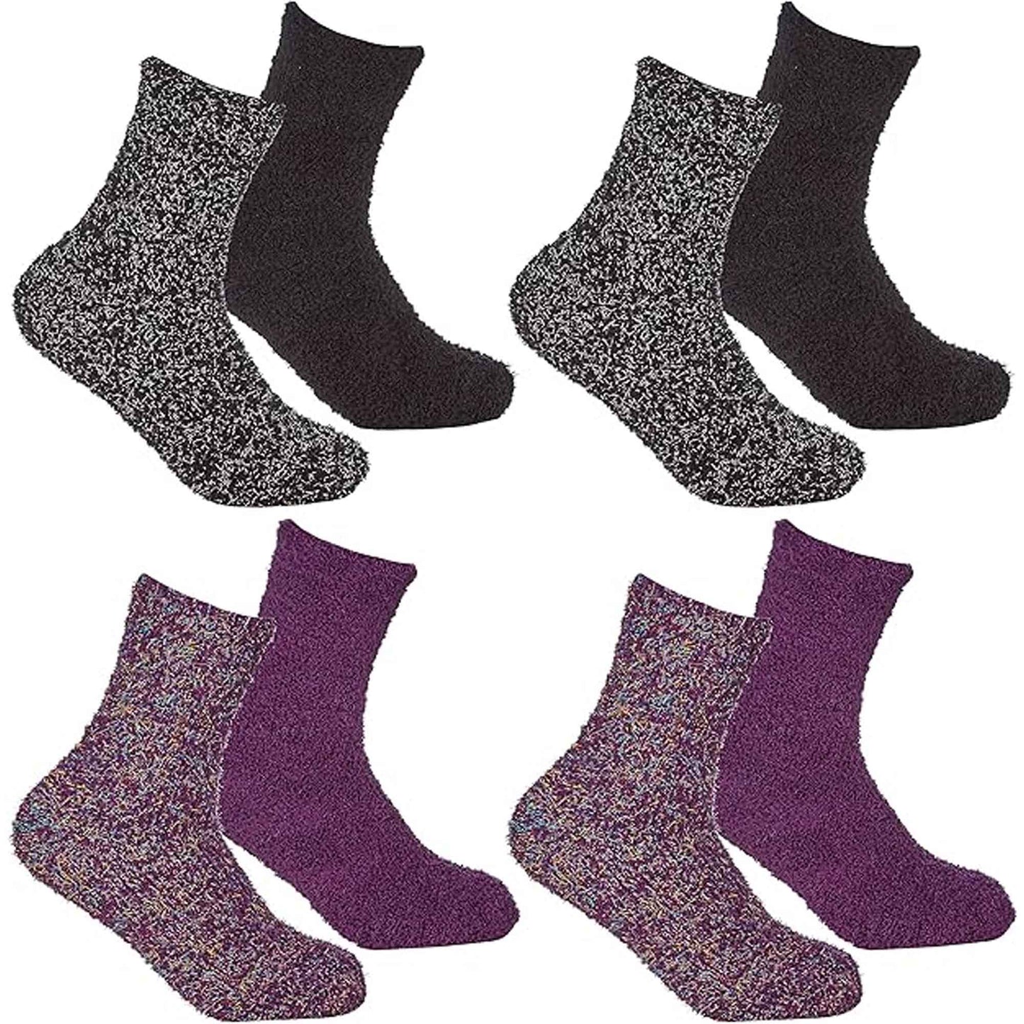Sock Stack Womens Slipper Socks Fluffy Warm Fuzzy cosy 4 Pack Purple Black UK Size 4-8