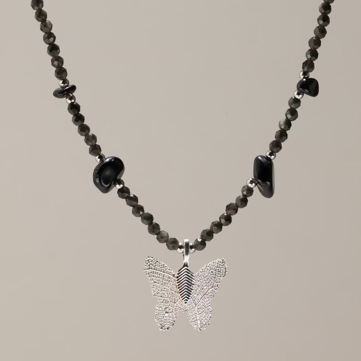 Nymph Gemstone Necklaces - Real Leaf Butterfly Pendants
