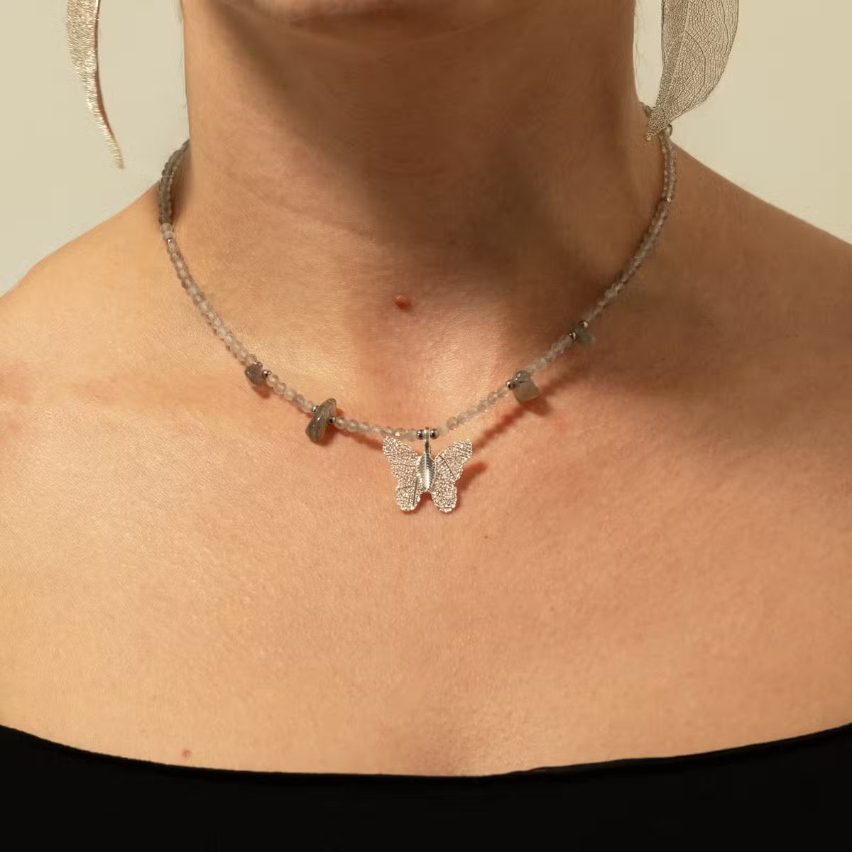 Nymph Gemstone Necklaces - Real Leaf Butterfly Pendants