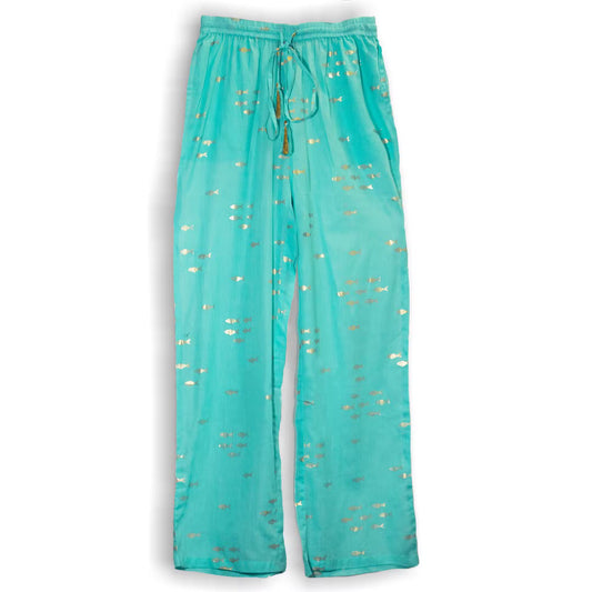 Nomad Sari Lounge Pants – Turquoise with Hand-Painted Gold Fish Design