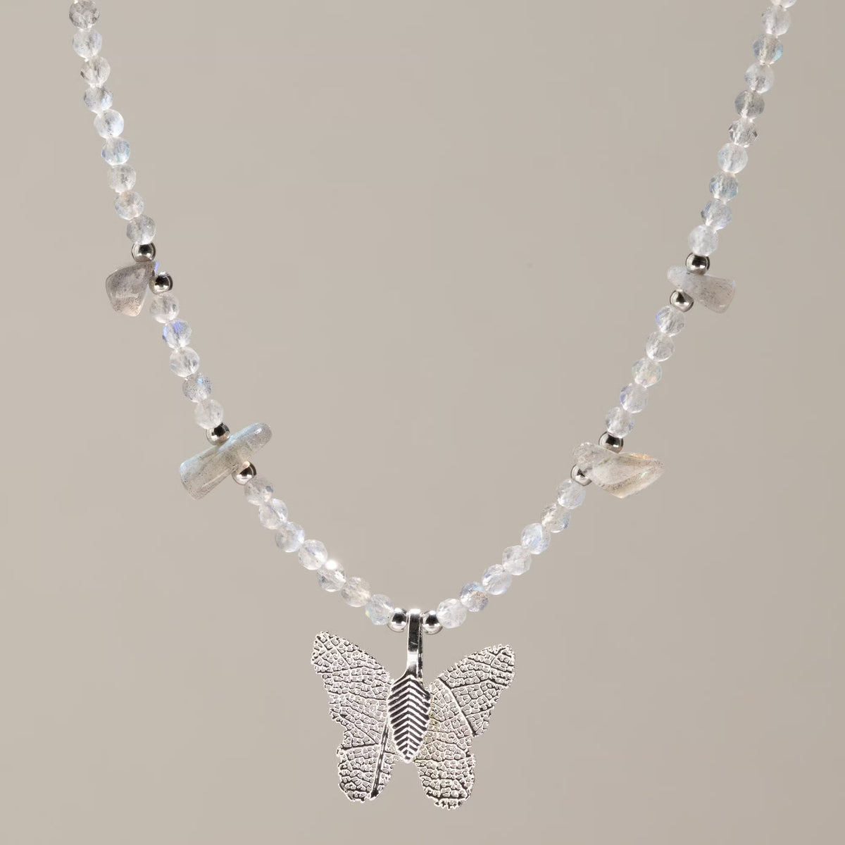 Nymph Gemstone Necklaces - Real Leaf Butterfly Pendants