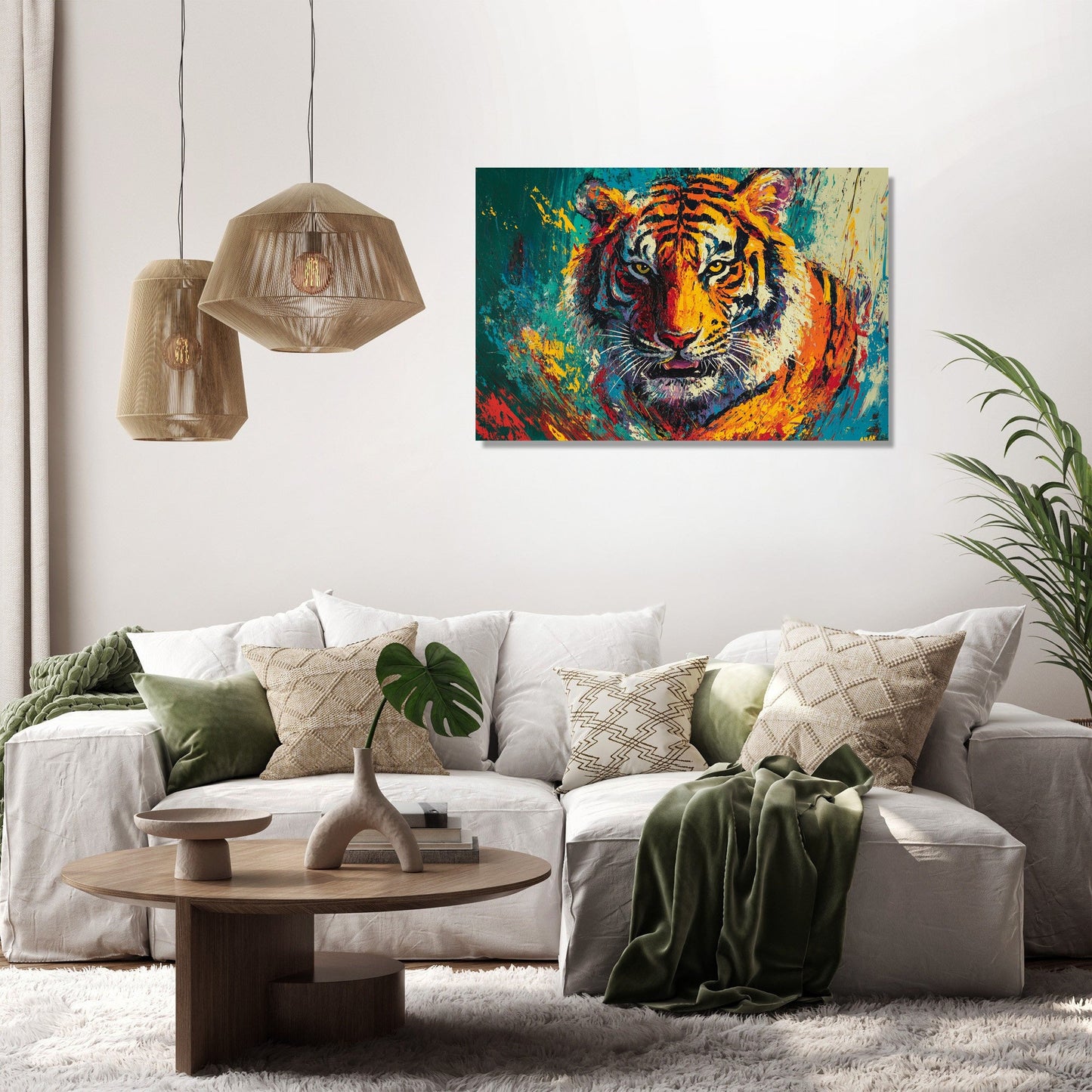 Fierce Tiger on Green Canvas