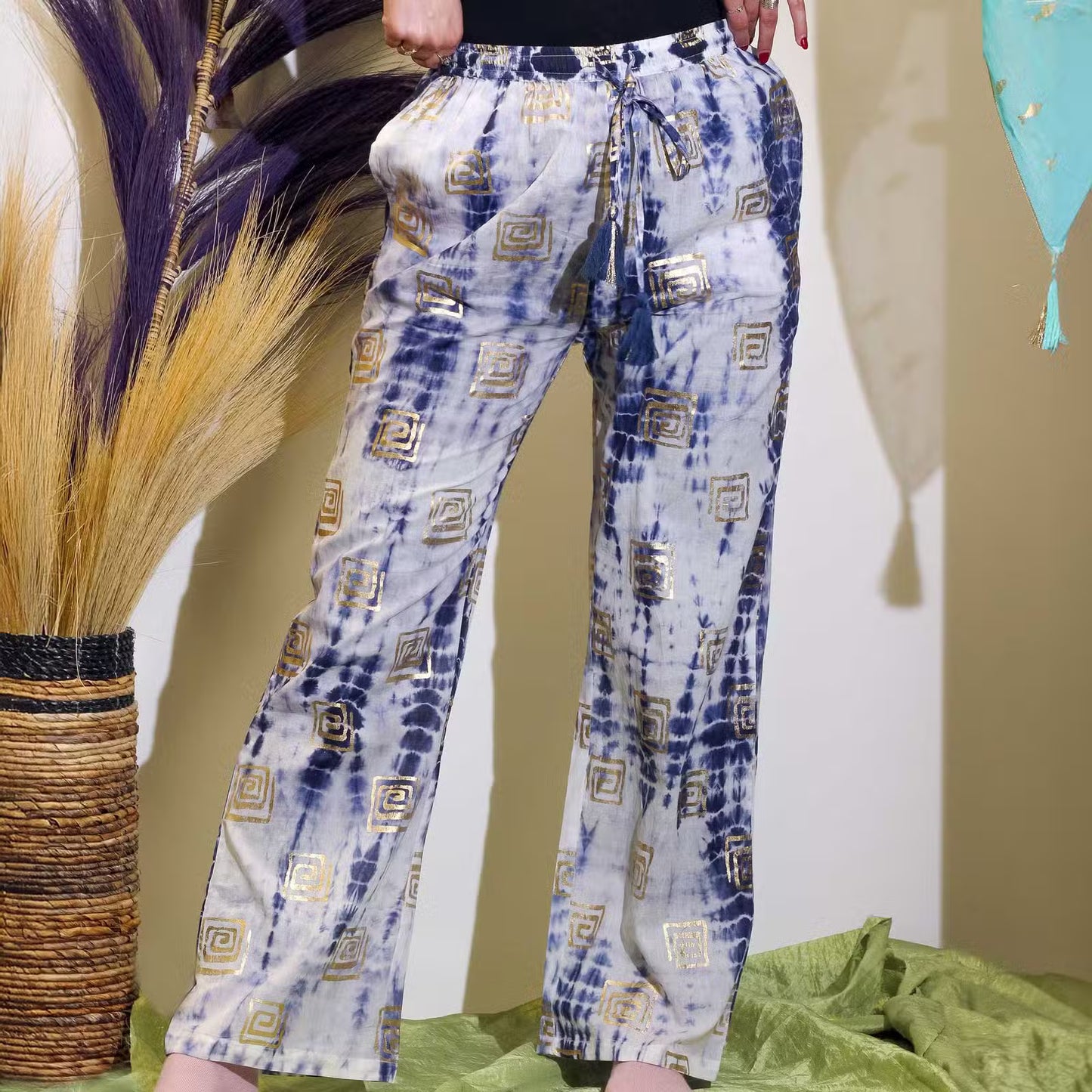 Nomad Sari Lounge Pants – Blue Tie-Dye with Gold Greek Motif