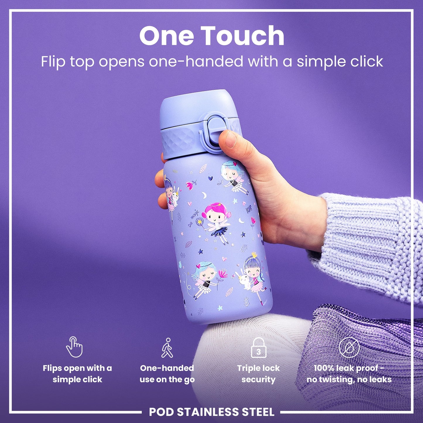 Leak Proof Kids Water Bottle, Stainless Steel, Fairies, 400ml (13oz)