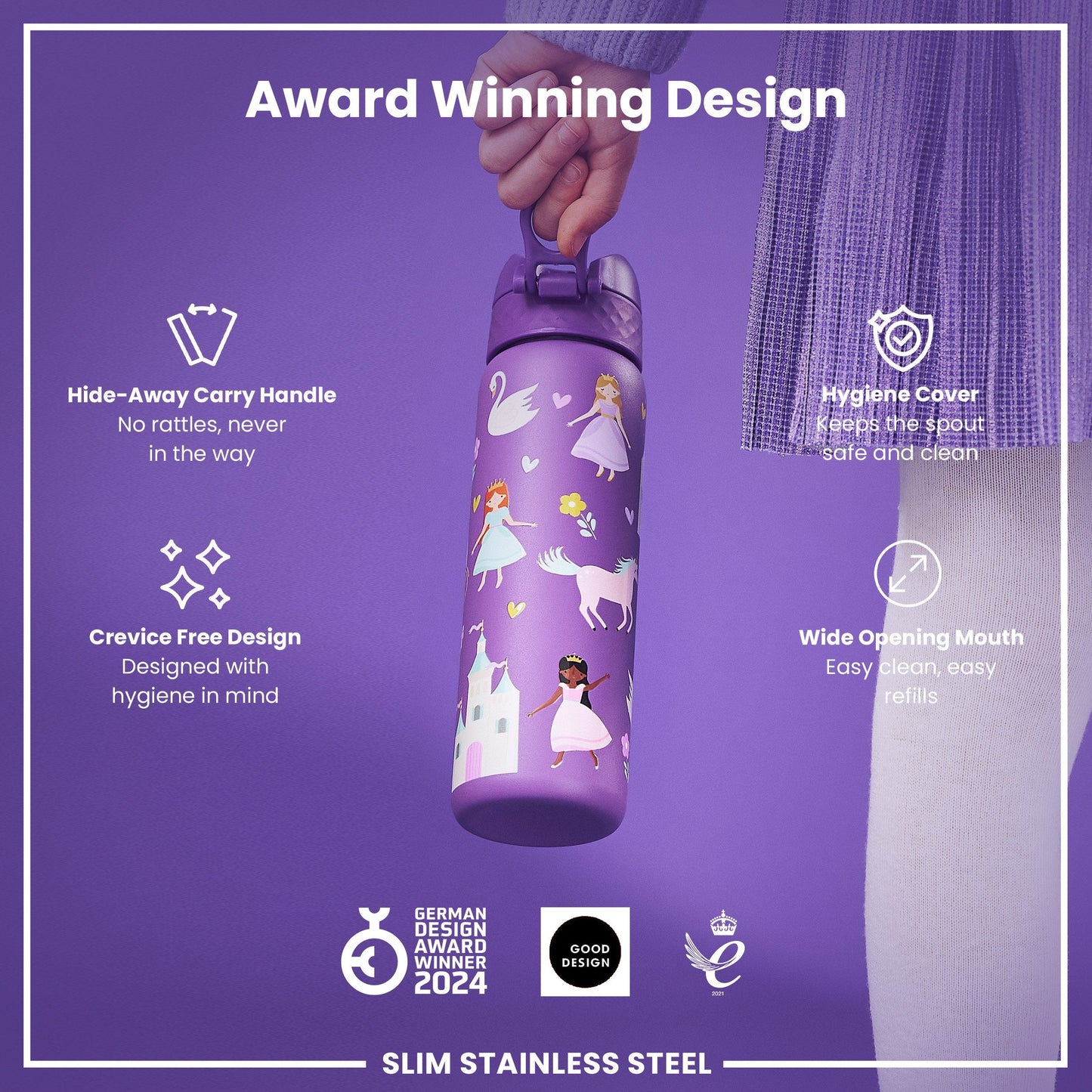 Leak Proof Slim Water Bottle, Stainless Steel, Princess, 600ml (20oz)