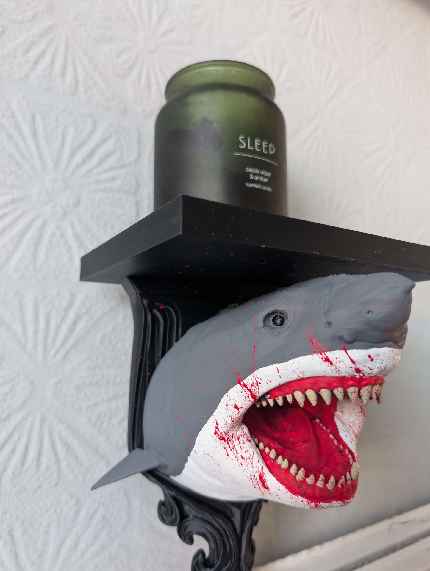 Jaws Inspired Horror Shark Wall Shelf | Hand-Painted Gothic Floating Shelf | Horror Movie Decor