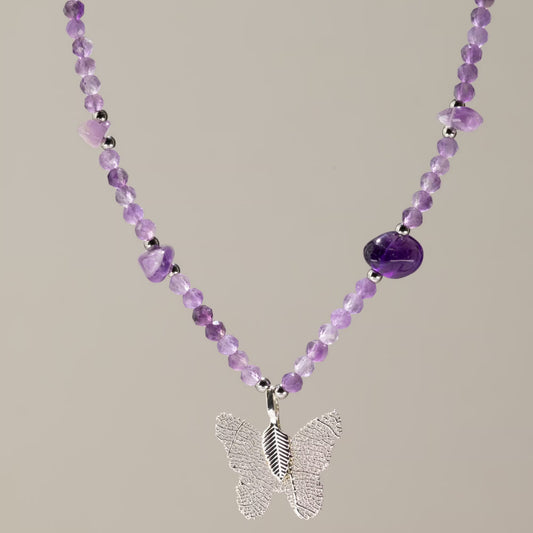 Nymph Gemstone Necklaces - Real Leaf Butterfly Pendants