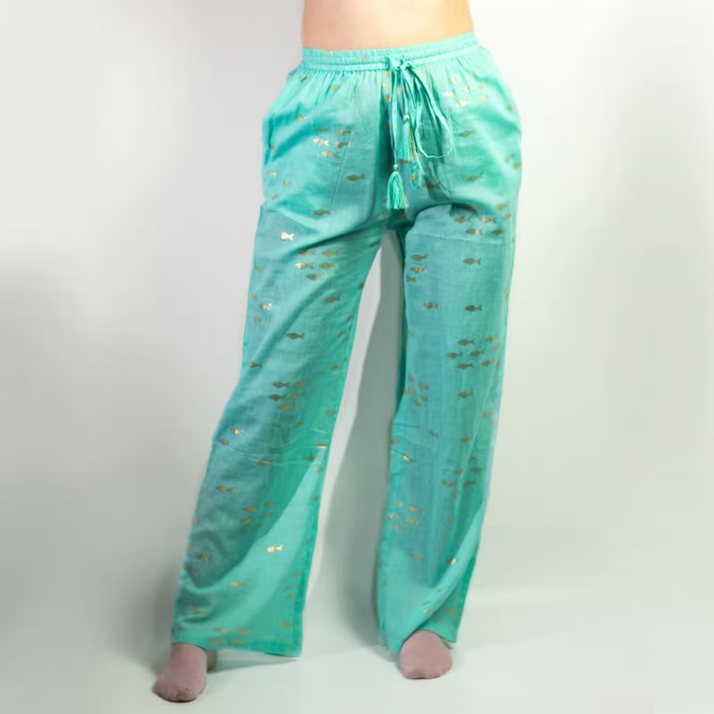 Nomad Sari Lounge Pants – Turquoise with Hand-Painted Gold Fish Design