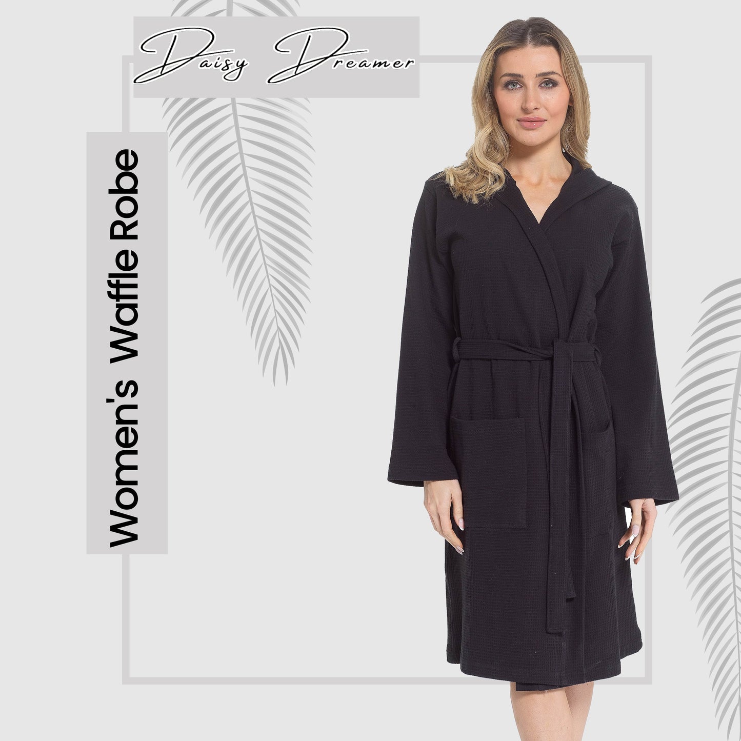OLIVIA ROCCO Women's Hooded Waffle Cotton Bathrobe Black 100% Cotton Absorbent Spa