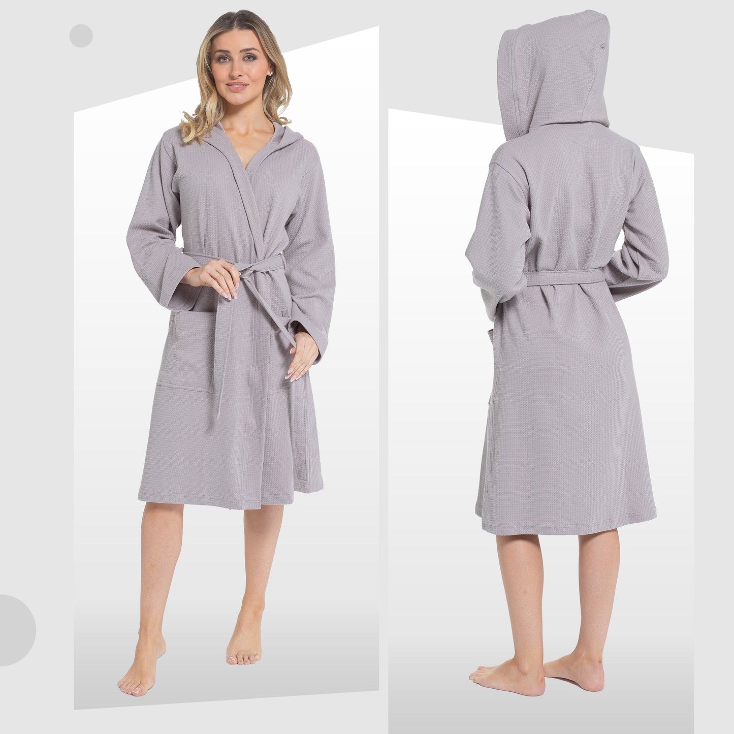 OLIVIA ROCCO Women's Hooded Waffle Cotton Bathrobe Grey 100% Cotton Super Absorbent Spa