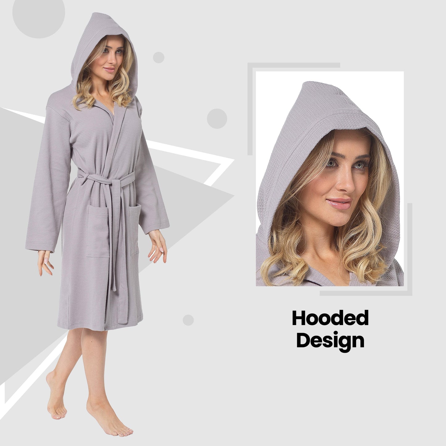 OLIVIA ROCCO Women's Hooded Waffle Cotton Bathrobe Grey 100% Cotton Super Absorbent Spa