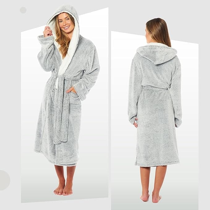 OLIVIA ROCCO Womens Shimmer Fleece Hooded Bath Robe Soft Plush Luxury Dressing Gown Grey Cosy Easy-Care Nightwear Set