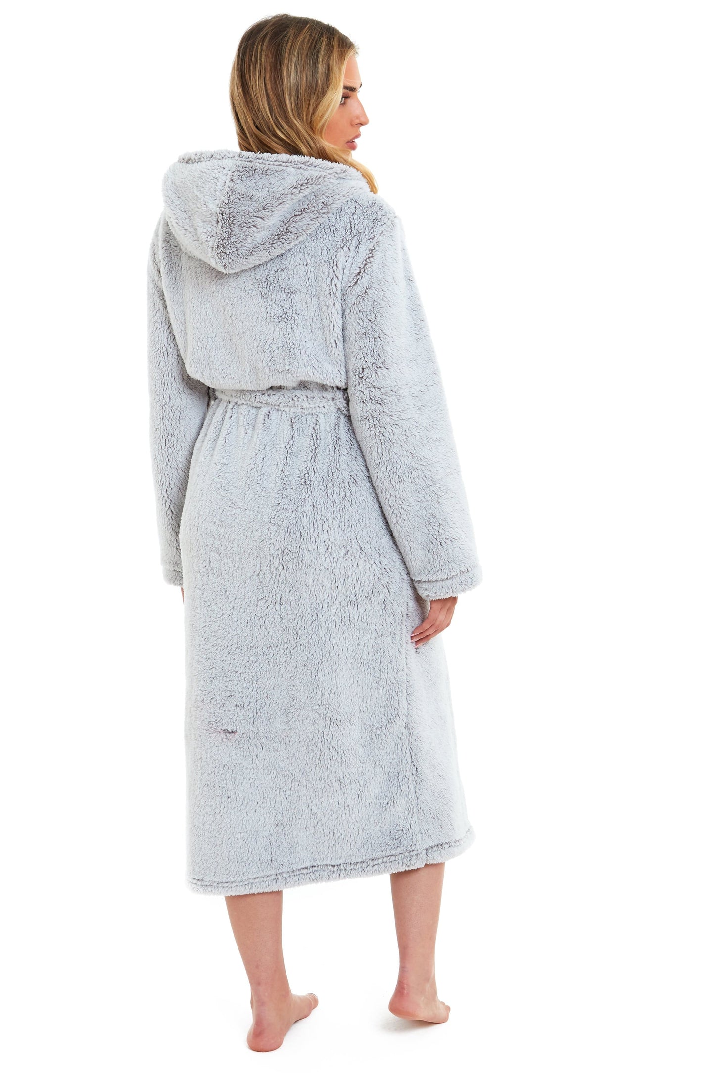 OLIVIA ROCCO Women's Shimmer Grey Snuggle Velvet Touch Fleece Hooded Robe Dressing Gown