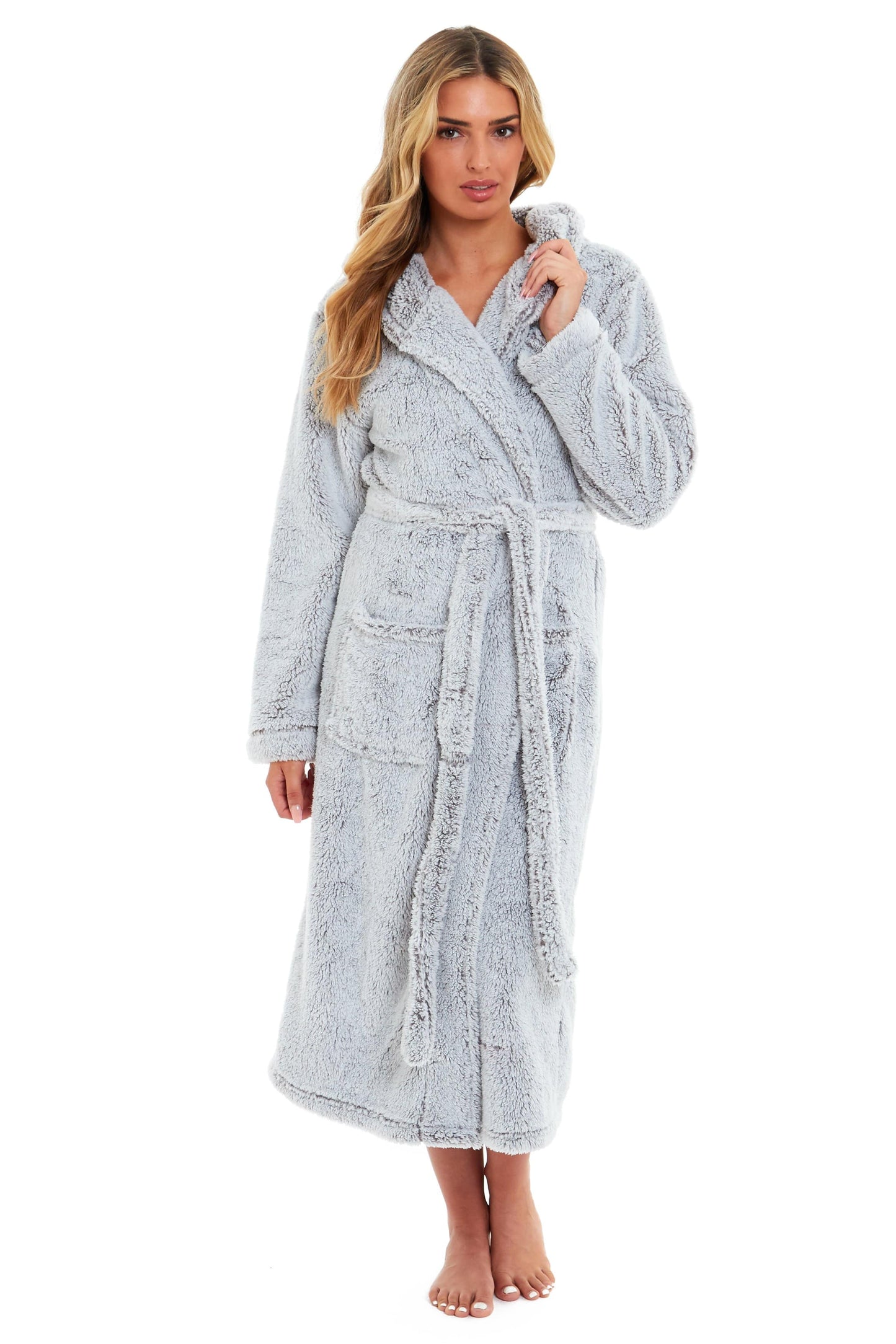 OLIVIA ROCCO Women's Shimmer Grey Snuggle Velvet Touch Fleece Hooded Robe Dressing Gown