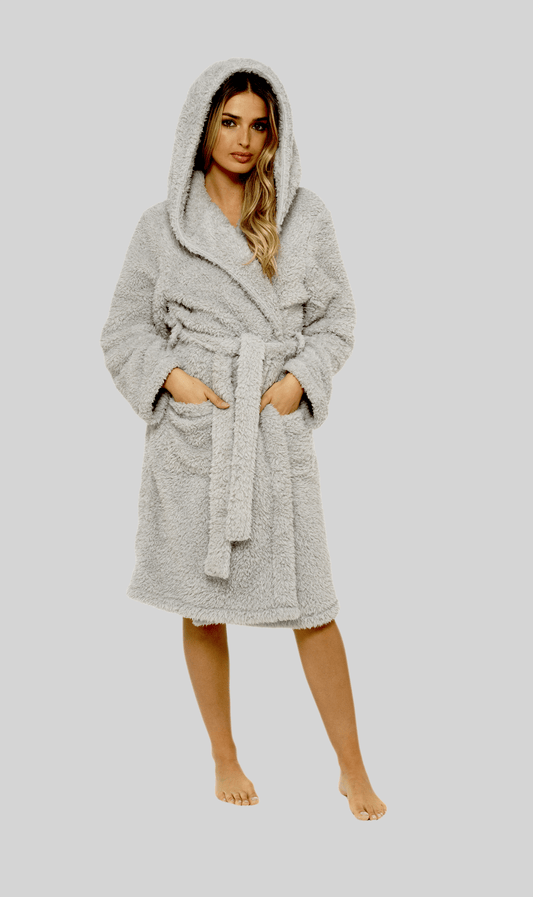 OLIVIA ROCCO Women's Teddy Fleece Hooded Robe Grey Sherpa Lined Ultra Soft Dressing Gown