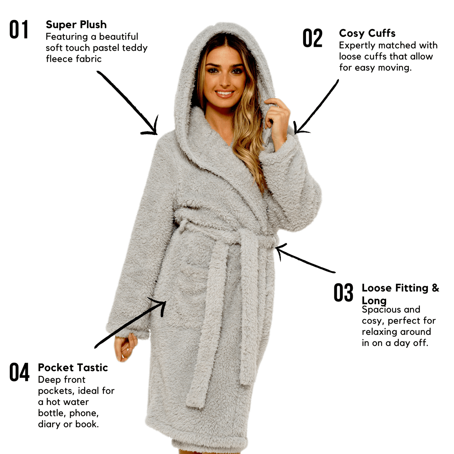 OLIVIA ROCCO Women's Teddy Fleece Hooded Robe Grey Sherpa Lined Ultra Soft Dressing Gown