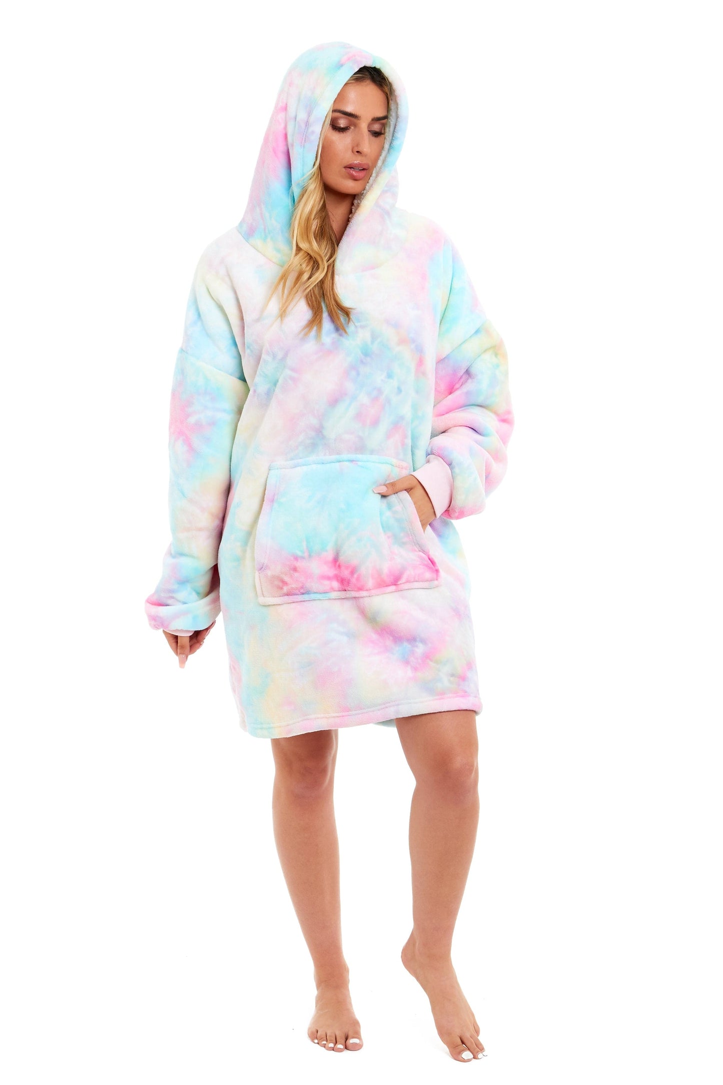 OLIVIA ROCCO Oversized Hooded Tie Dye Rainbow Plush Fleece Blanket With Reversible Sherpa