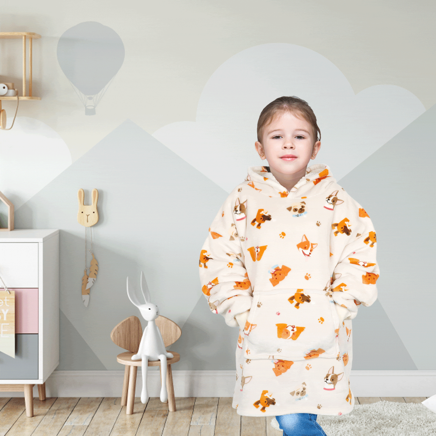 OLIVIA ROCCO Kids Oversized Hooded Blanket Hoodie Sherpa Fur Fleece Dogs Pattern