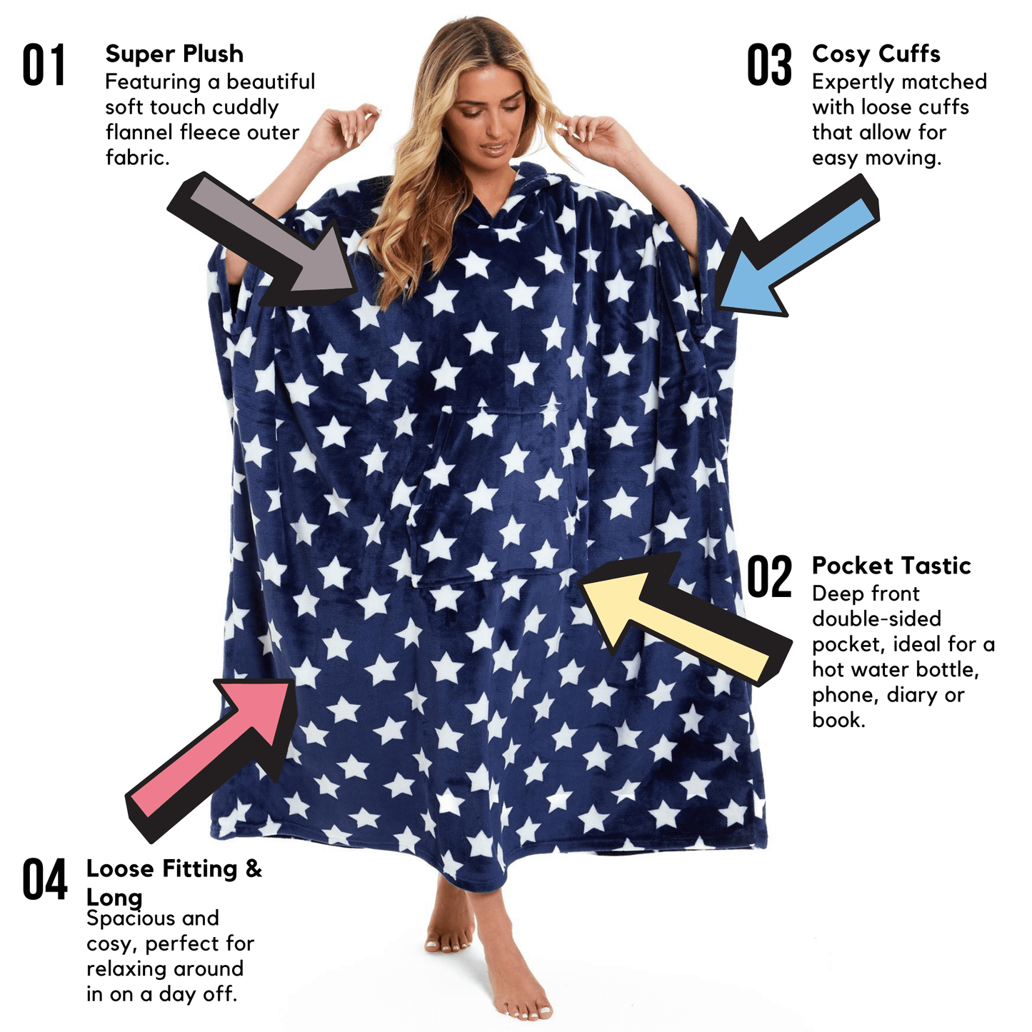OLIVIA ROCCO Oversized Hooded Fleece Poncho Blanket Stars Polka Dots Easy Care for Cosy Home Layering