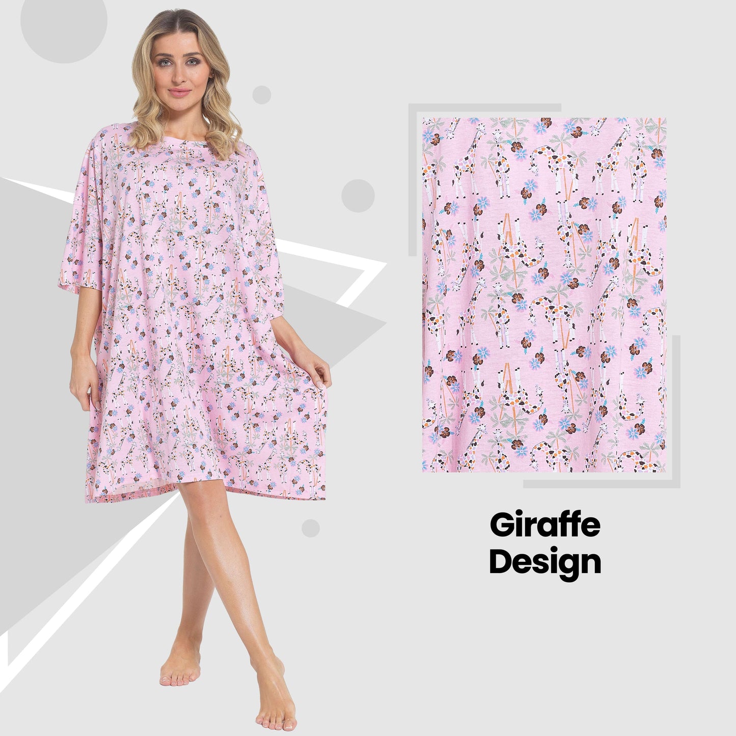 OLIVIA ROCCO Giraffe Print Nightshirt Women Baggy 100% Cotton Short Sleeve Oversized