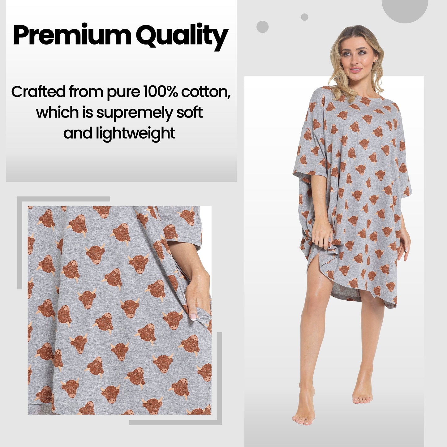 OLIVIA ROCCO Ladies Highland Cow Cream Baggy Nightdress Oversized T Shirt Nightshirt 100% Cotton Super Soft Cosy Home Loungewear