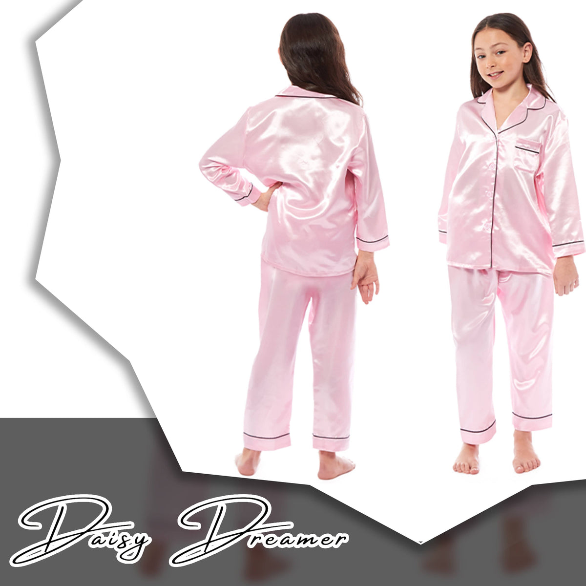 OLIVIA ROCCO Girls Satin Silk Long Sleeve Pyjama Set Black Pink Grey 5-14 Button Down