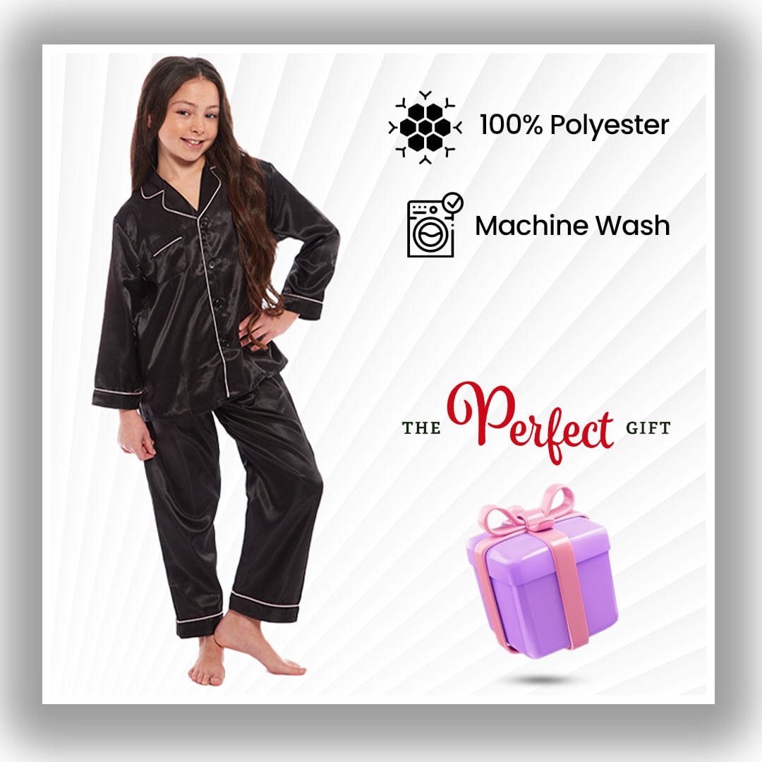 OLIVIA ROCCO Girls Satin Silk Long Sleeve Pyjama Set Black Pink Grey 5-14 Button Down