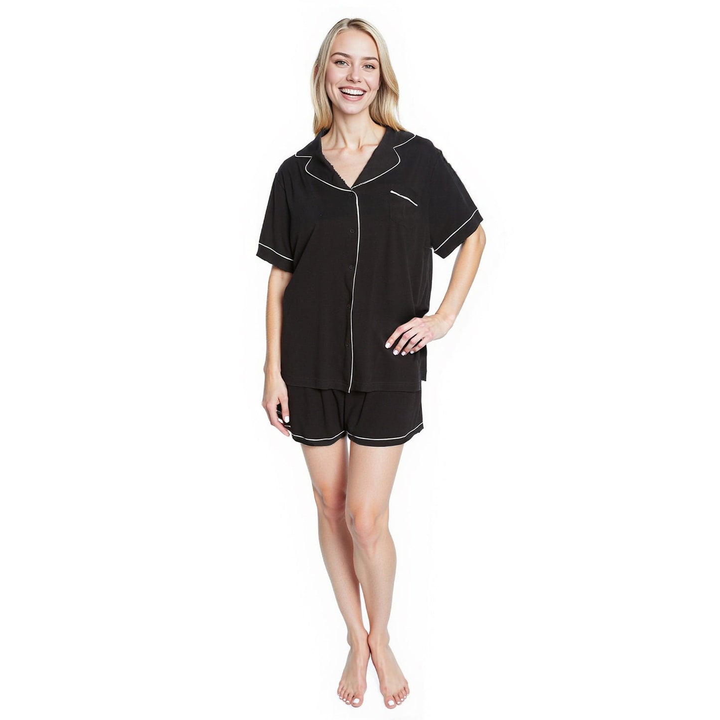 OLIVIA ROCCO Women Black Short Pyjama Set Super Soft Sleepwear With Button Up Top