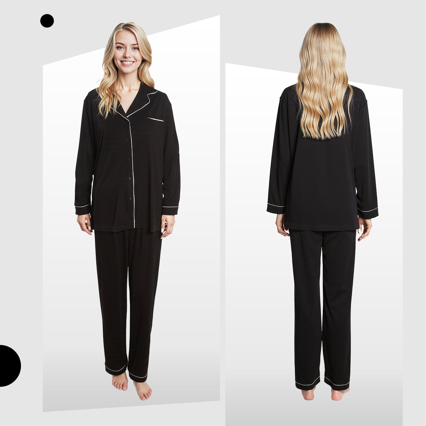 OLIVIA ROCCO Women's Black Pyjama Set Soft Touch Long Sleeve Button Up Top and Bottoms