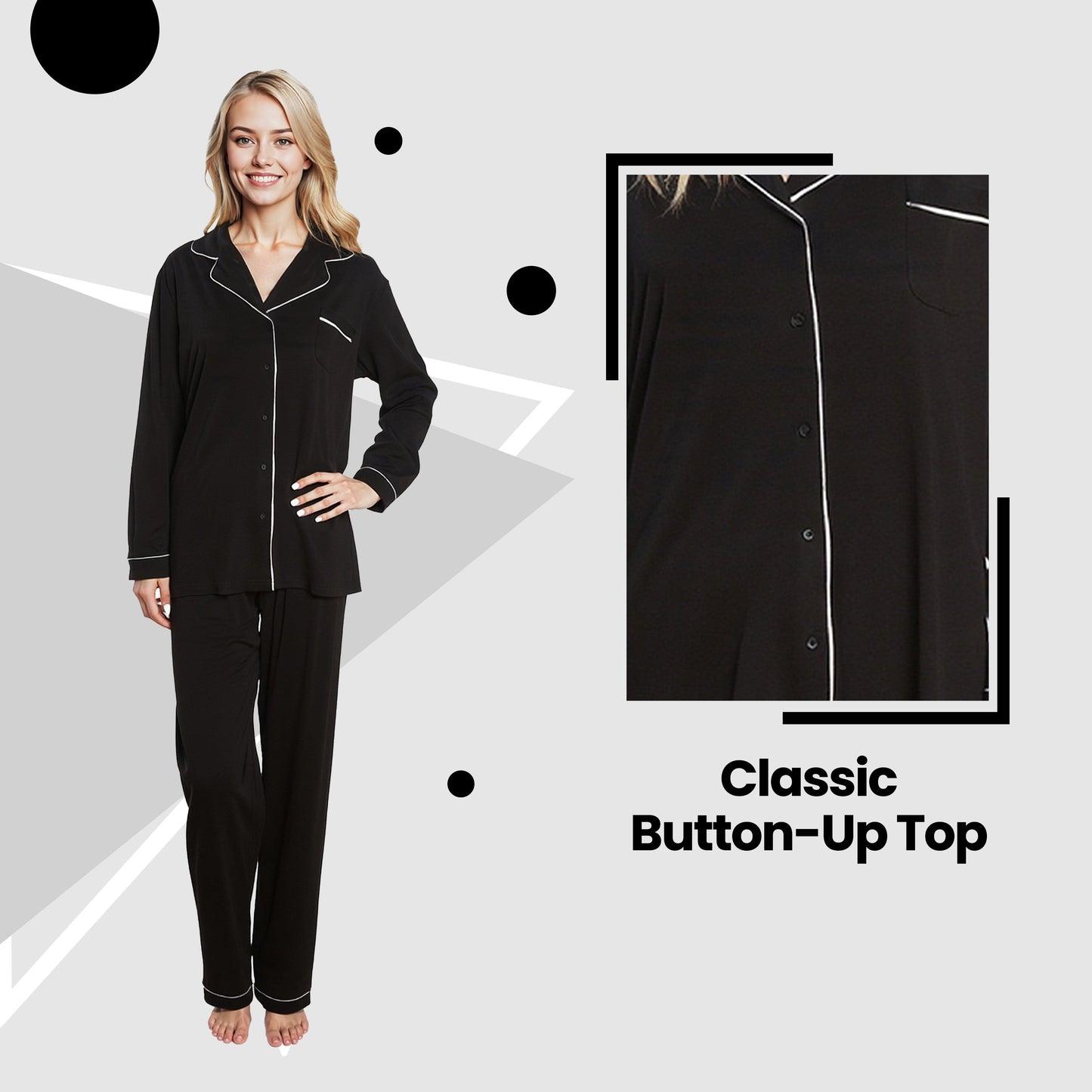 OLIVIA ROCCO Women's Black Pyjama Set Soft Touch Long Sleeve Button Up Top and Bottoms