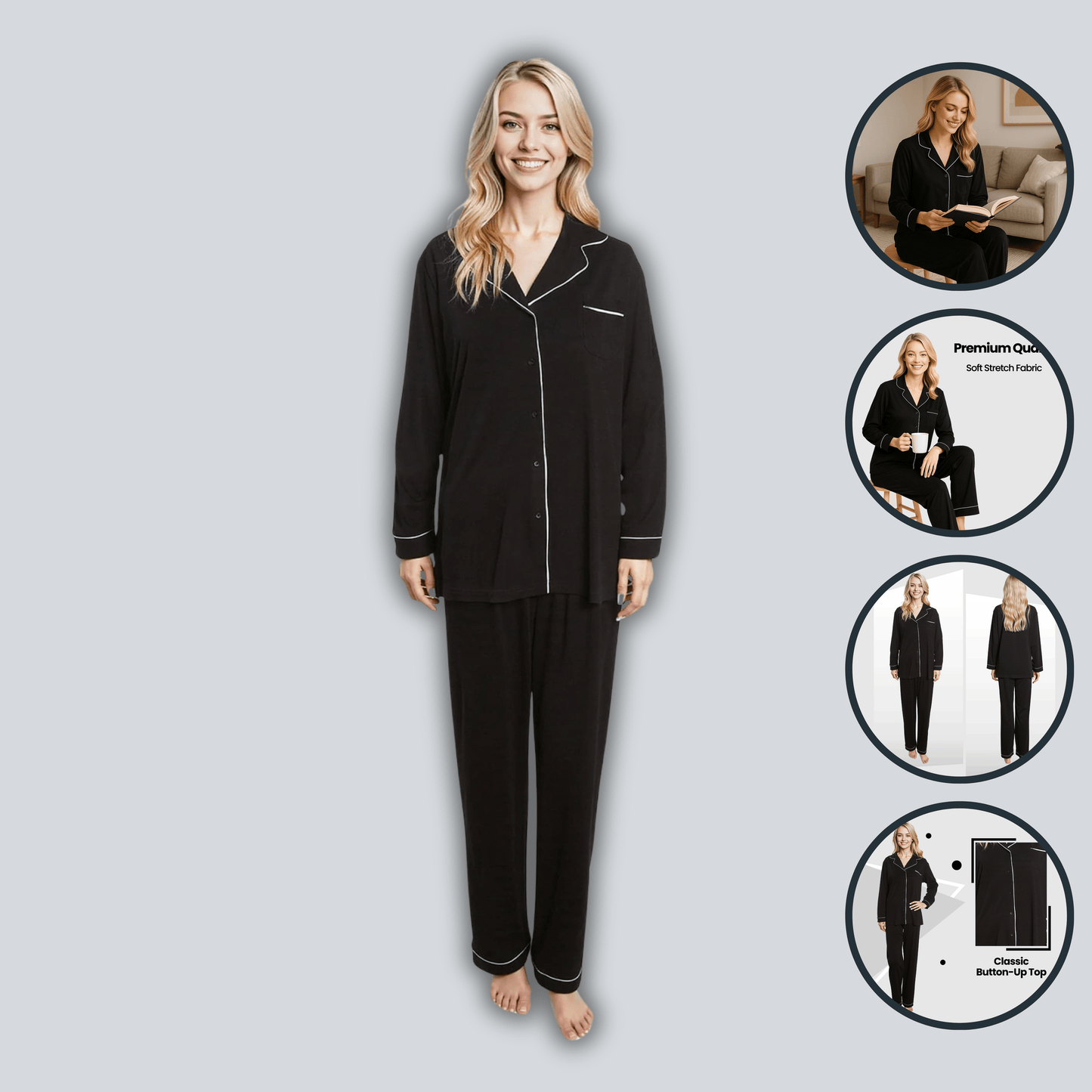 OLIVIA ROCCO Women's Black Pyjama Set Soft Touch Long Sleeve Button Up Top and Bottoms