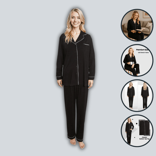 OLIVIA ROCCO Women's Black Pyjama Set Soft Touch Long Sleeve Button Up Top and Bottoms