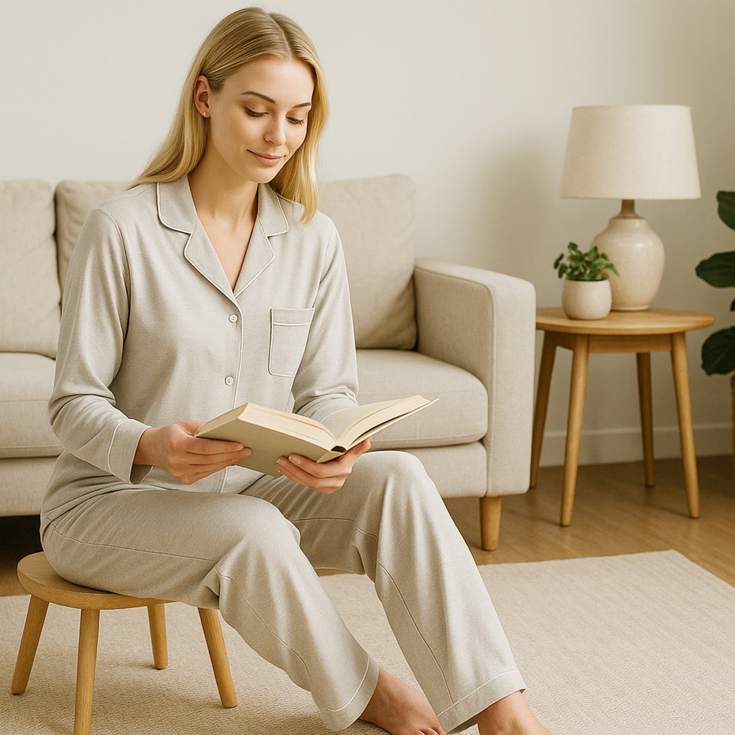 OLIVIA ROCCO Womens Grey Pyjama Set Soft Touch Long Sleeve Button Up Top Super Soft Cosy Home Loungewear