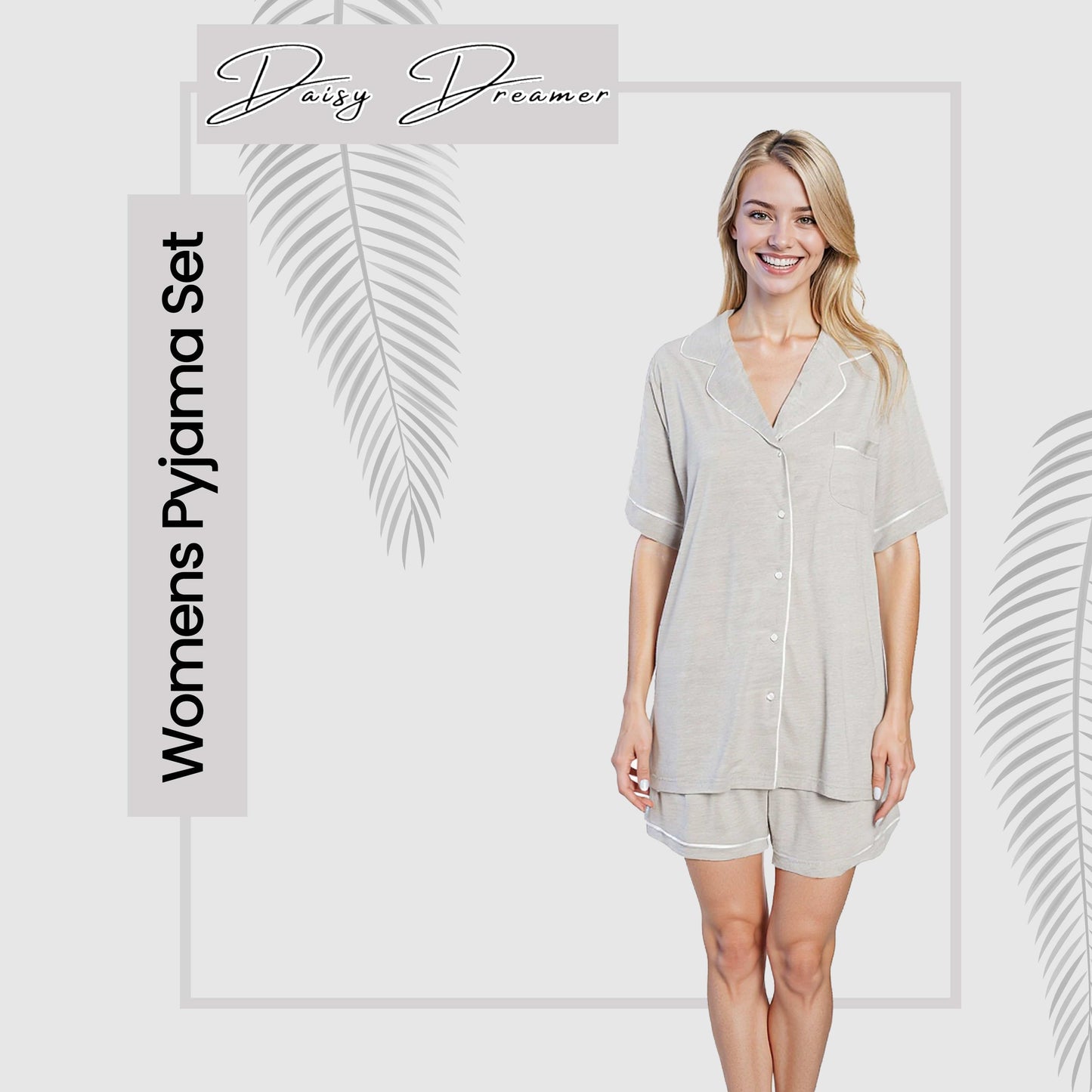 OLIVIA ROCCO Womens Grey Short Pyjama Set Button Up Top and Shorts with Pockets Cosy Easy-Care Nightwear Set