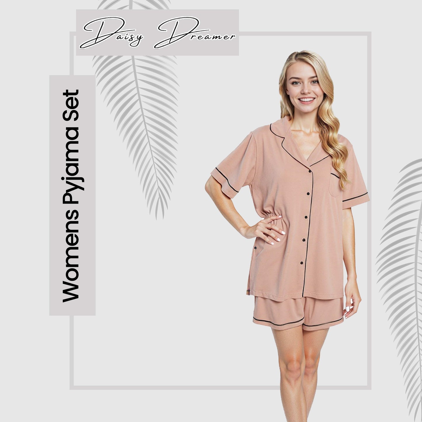 OLIVIA ROCCO Women's Natural Short Pyjama Set Button Up Top And Shorts With Pockets
