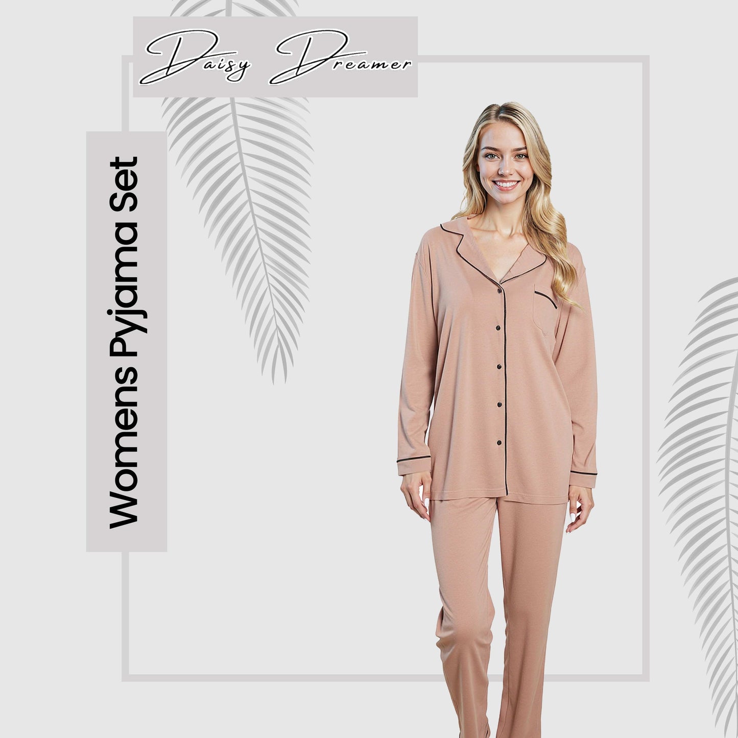 OLIVIA ROCCO Women's Pyjama Set Natural Soft Touch Long Sleeve Button-Up Top and Bottoms