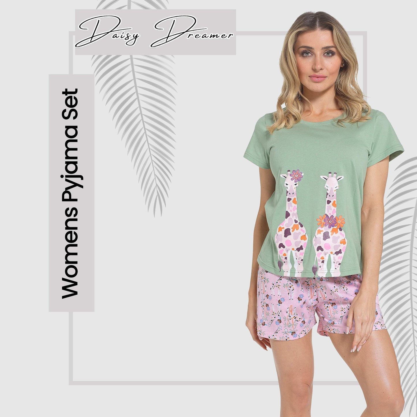 OLIVIA ROCCO Giraffe Pyjama Set for Women T Shirt and Shorts Soft Cotton Loungewear