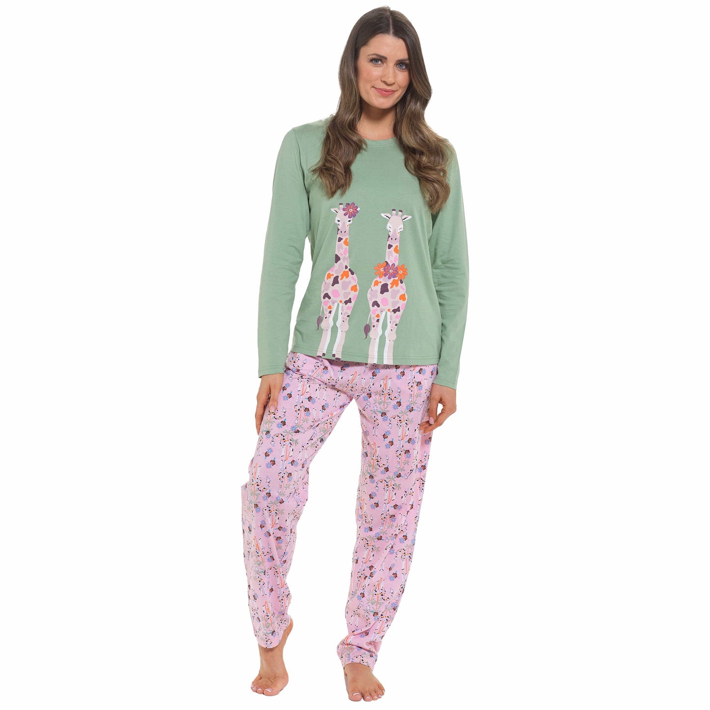 OLIVIA ROCCO Women's Giraffe Print Cotton Jersey Long Sleeve Pyjama Set Soft Sleepwear