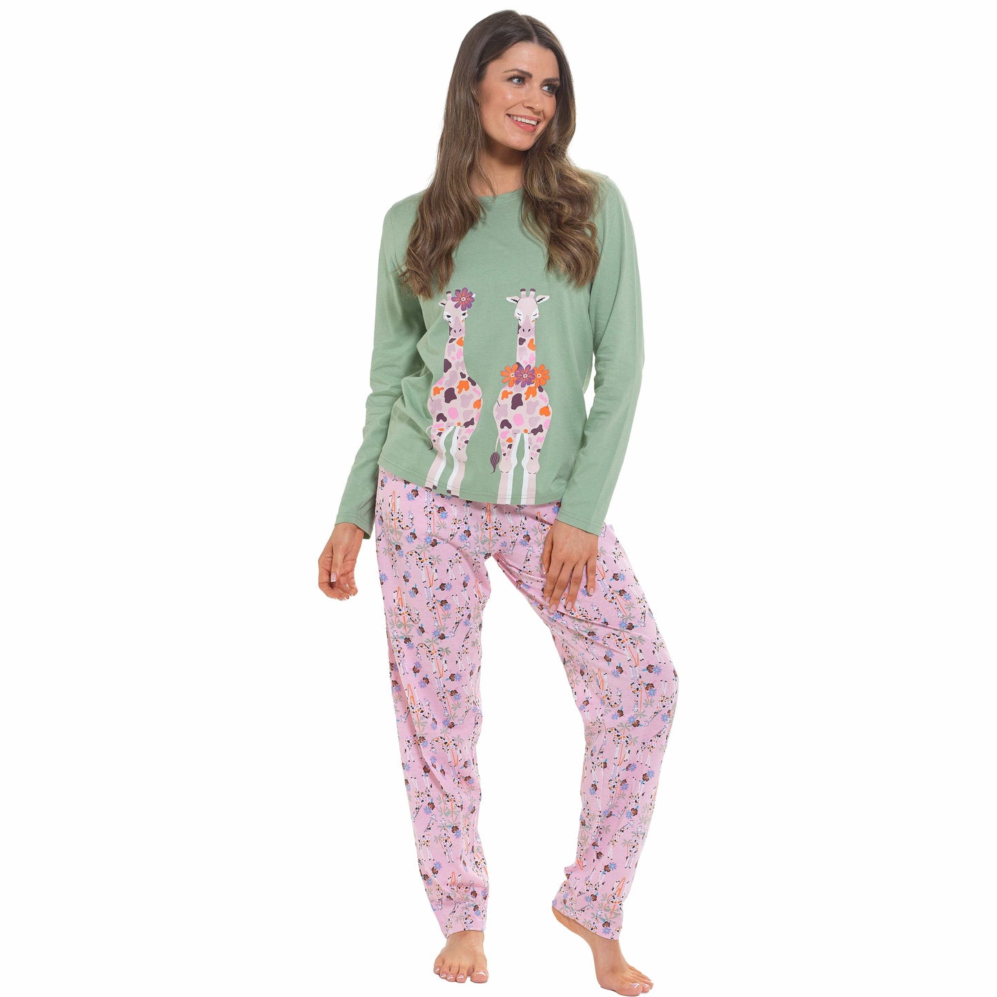 OLIVIA ROCCO Women's Giraffe Print Cotton Jersey Long Sleeve Pyjama Set Soft Sleepwear
