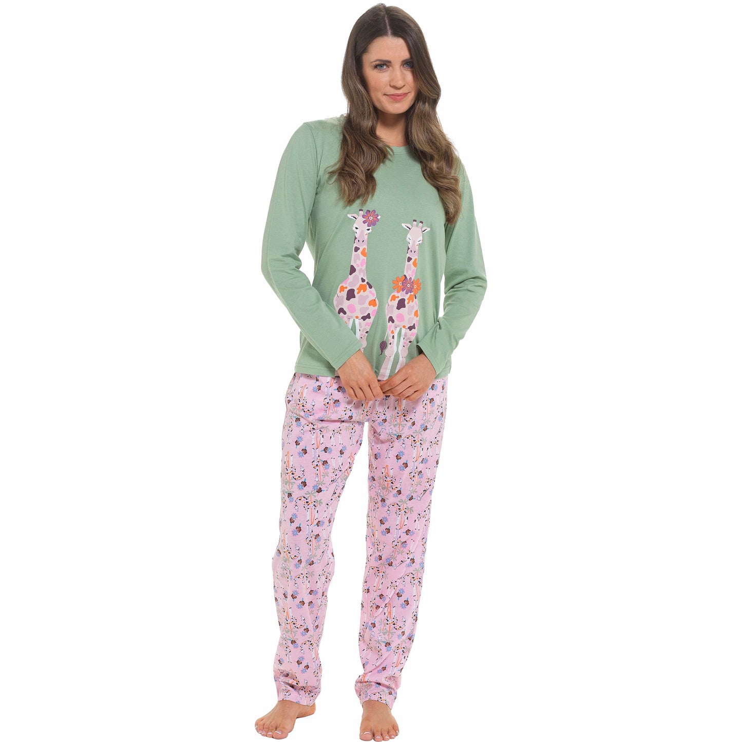 OLIVIA ROCCO Women's Giraffe Print Cotton Jersey Long Sleeve Pyjama Set Soft Sleepwear