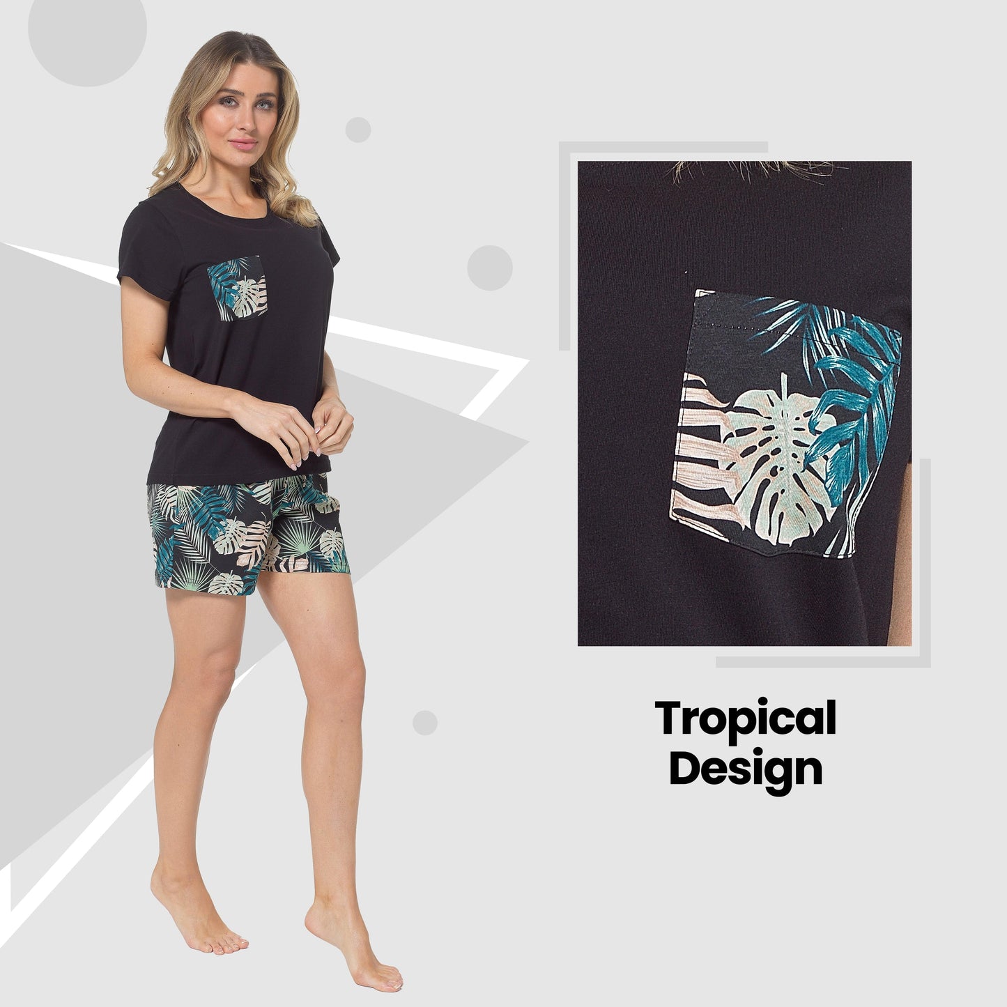 OLIVIA ROCCO Women's Tropical Pyjama Set T Shirt And Shorts PJs Soft Breathable Cotton Cosy Easy-Care Nightwear Set