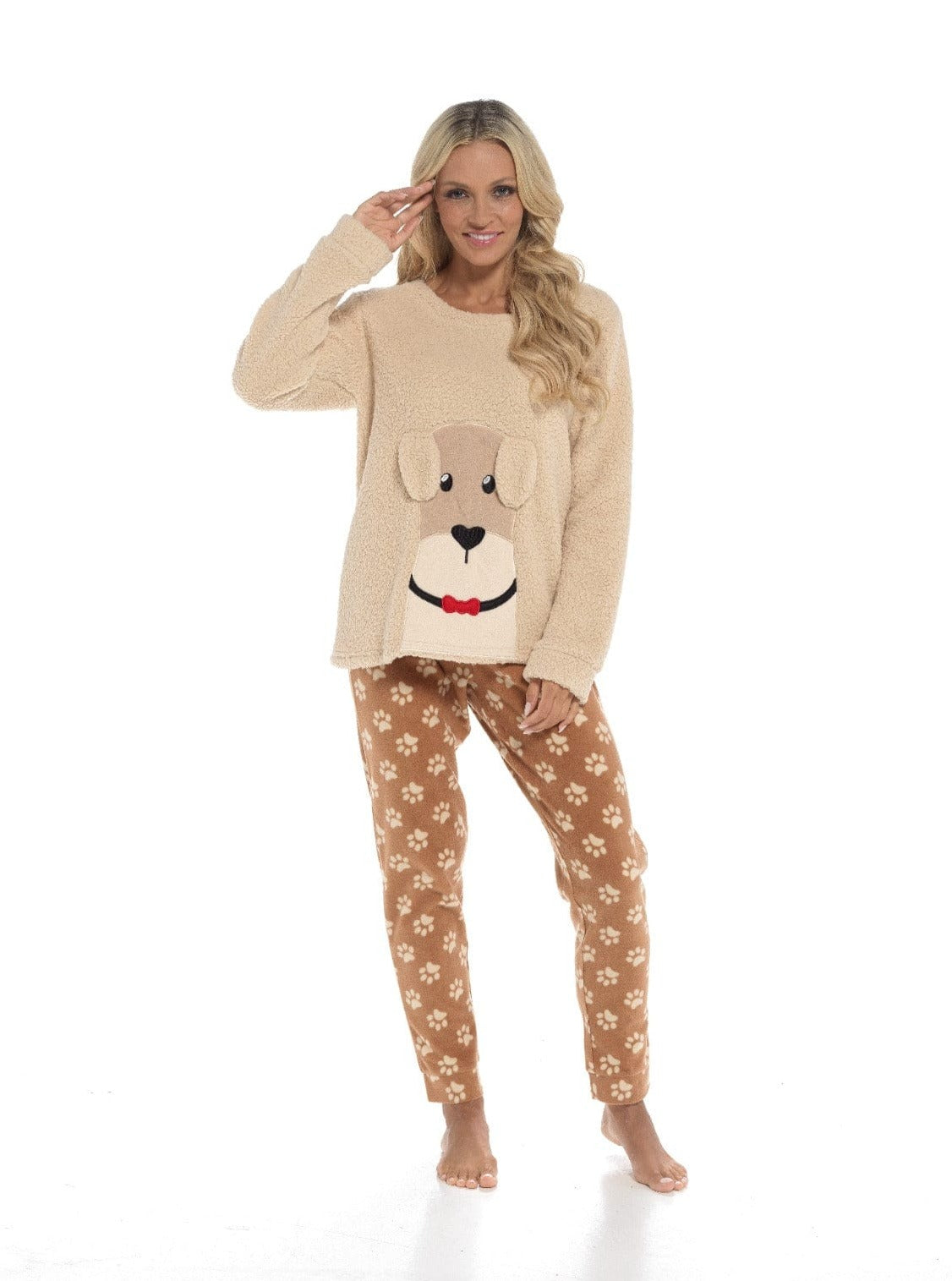 OLIVIA ROCCO Women's Fleece Pyjama Set Dog Snuggle Design Long Sleeve Top Patterned